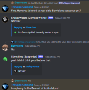 TheUpperDiamond asking the chat "Have you listened to your daily Benvisions sequence yet?"